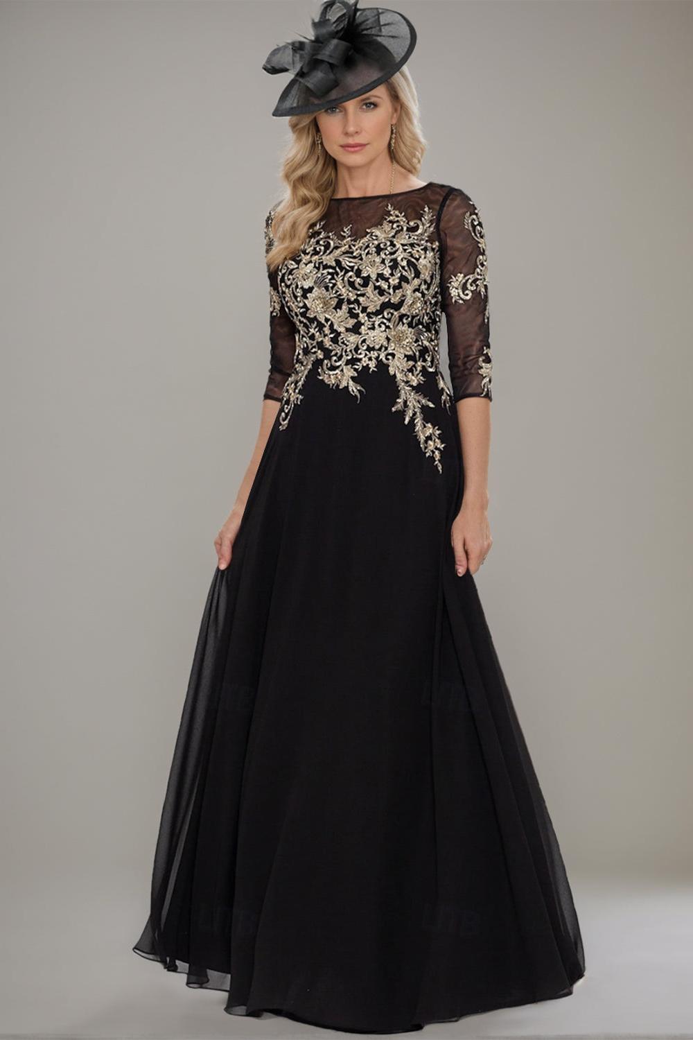 Long A line Gown with Jewel Neckline and Lace Ruffle Details
