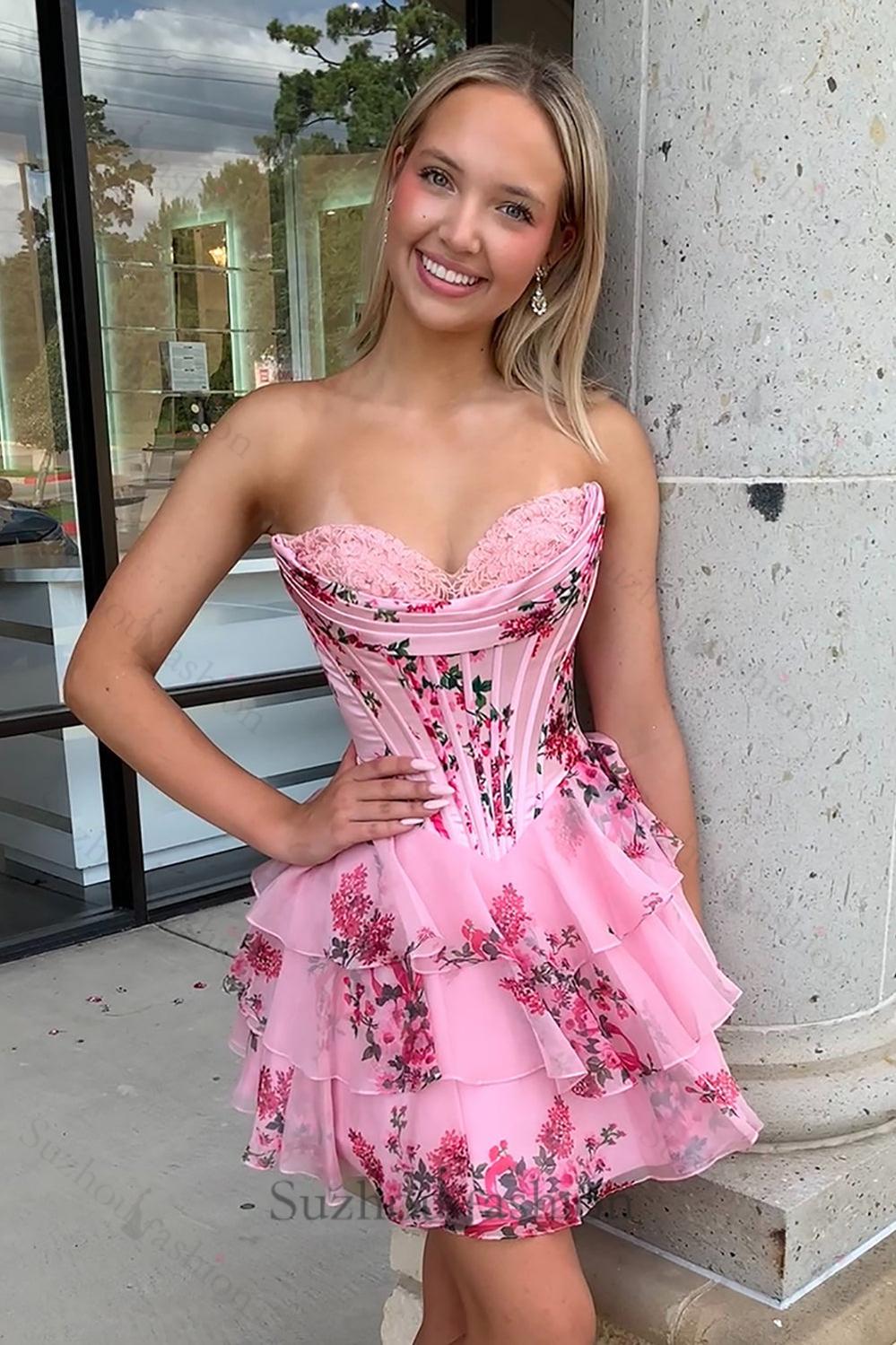 Floral Pink Corset A Line Homecoming Dresses Short Cocktail Dresses With Ruffles