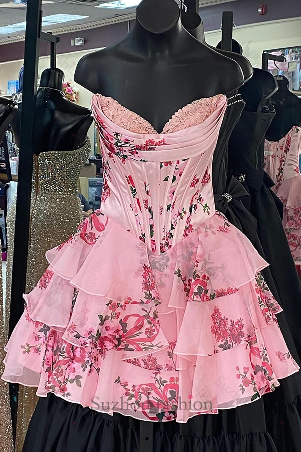 Floral Blue Corset A Line Homecoming Dresses Short Cocktail Dresses With Ruffles