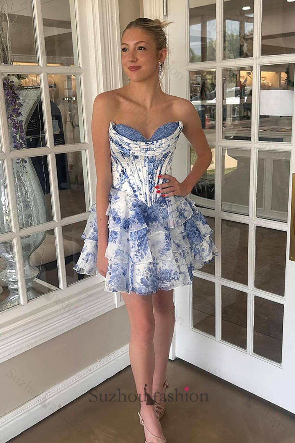 Floral Pink Corset A Line Homecoming Dresses Short Cocktail Dresses With Ruffles