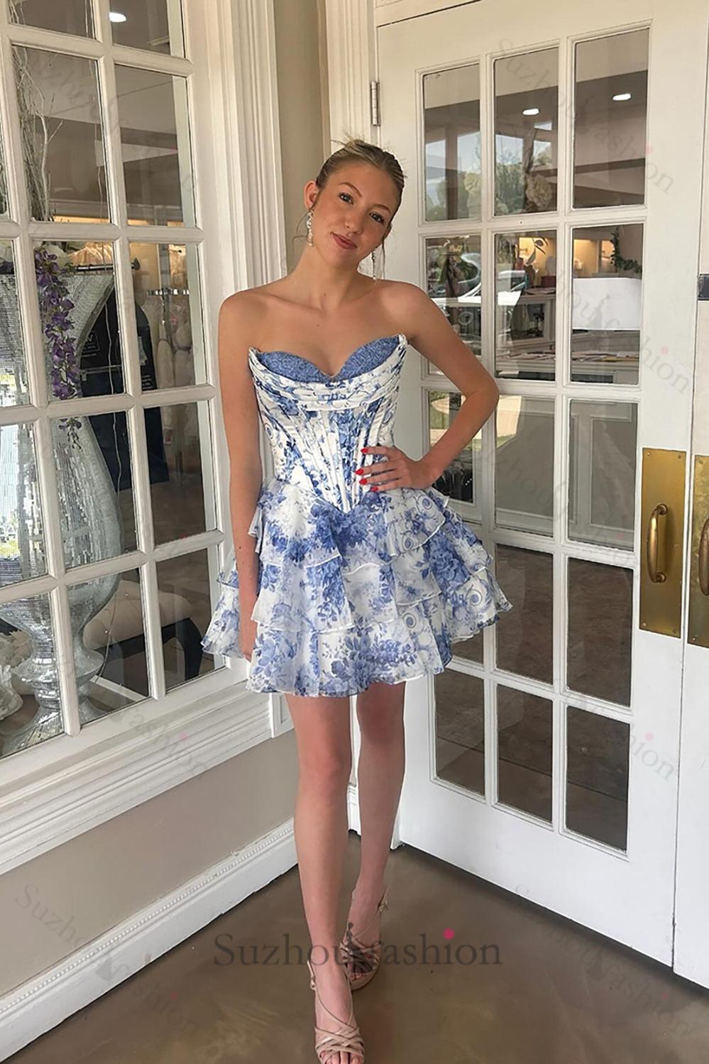 Floral Pink Corset A Line Homecoming Dresses Short Cocktail Dresses With Ruffles