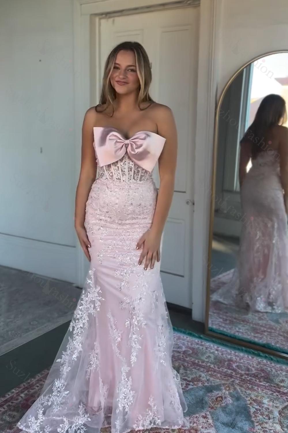 Floral Mermaid Sky Blue Prom Dress Strapless Long Formal Dress With Bow