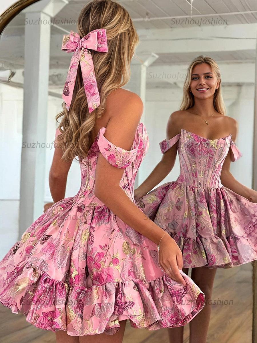 Suzhoufashion Floral Off Shoulder Brocade Homecoming Dress with Ruffled