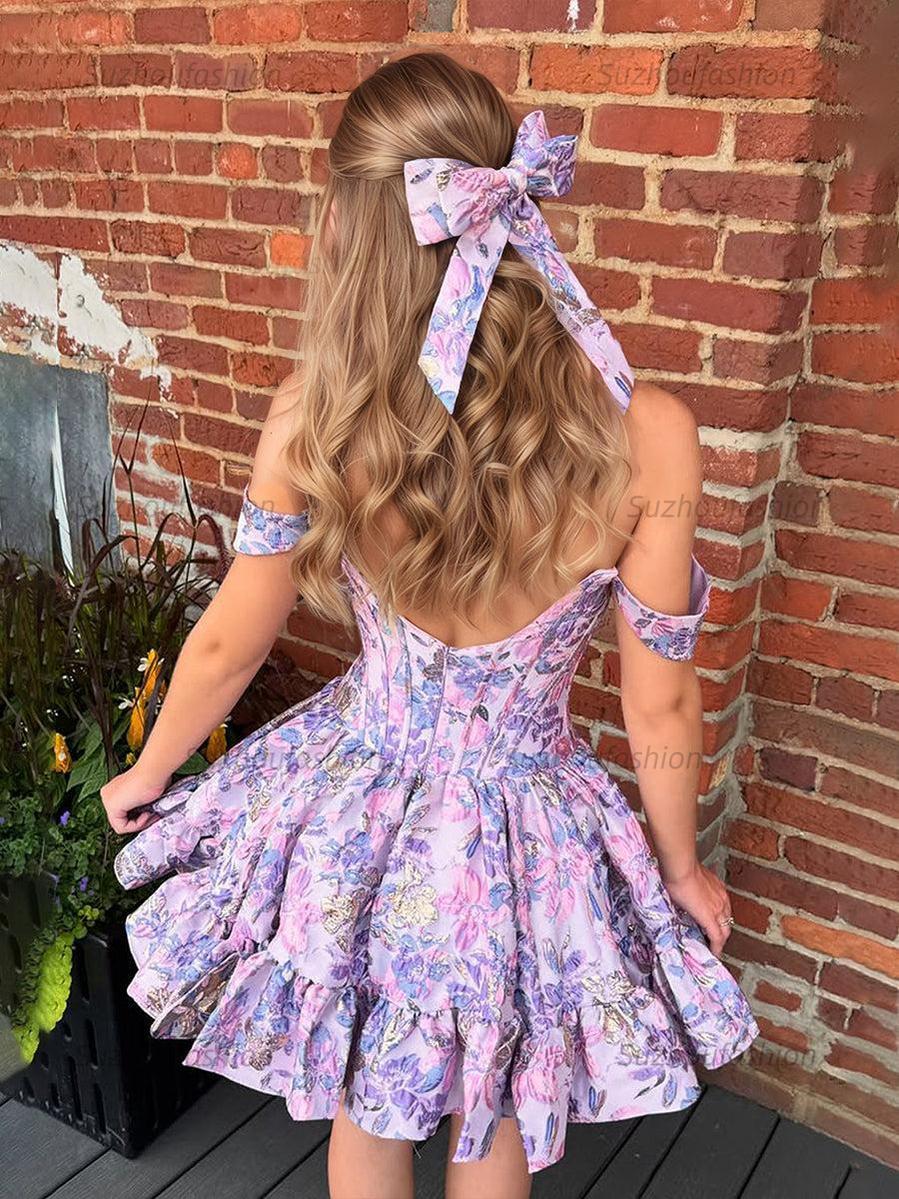 Suzhoufashion Floral Off Shoulder Brocade Homecoming Dress with Ruffled