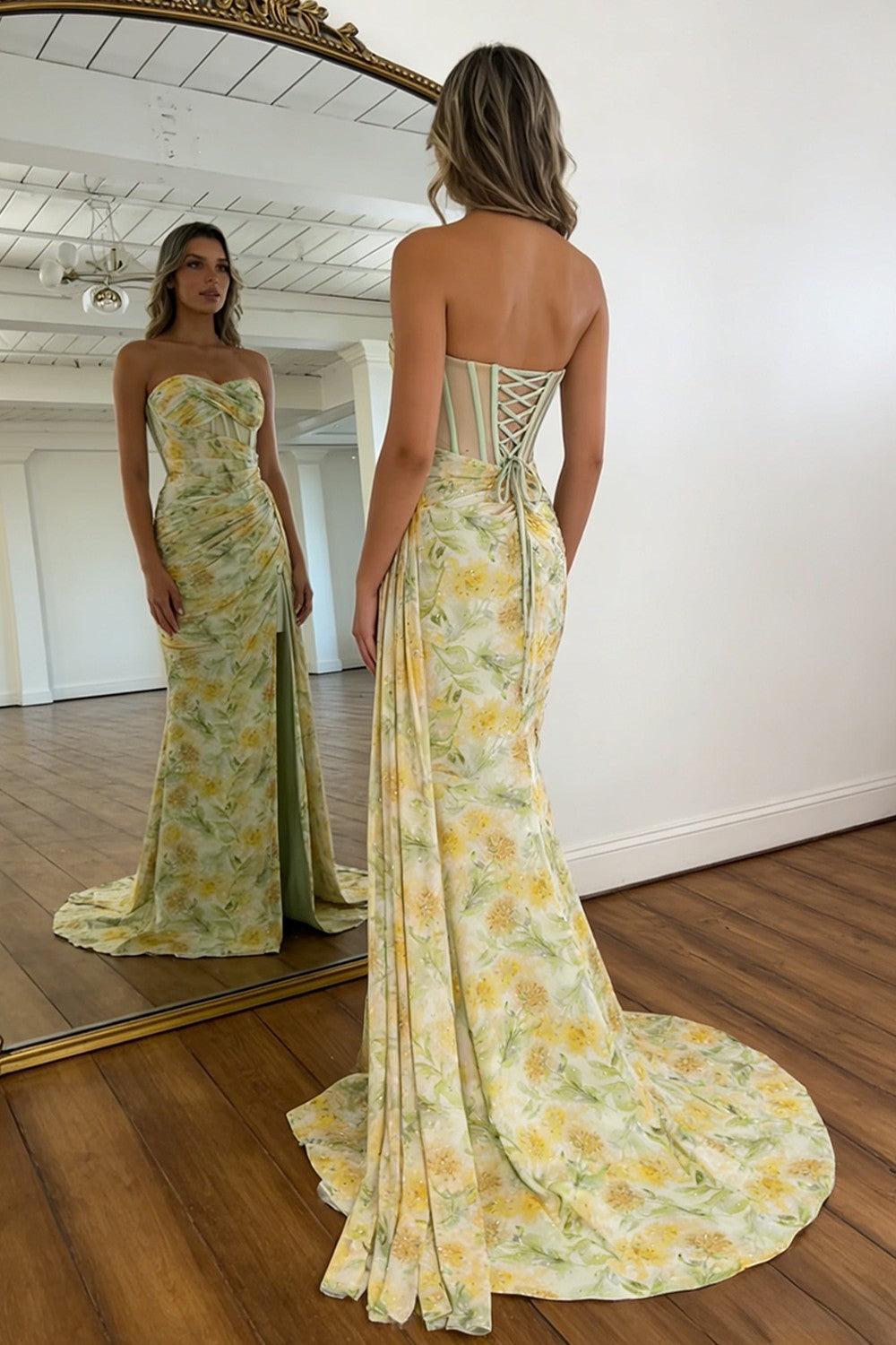 Suzhoufashion Floral Print Glitter Sweetheart Lace Up Prom Dress With Corset Bodice And High Slit Formal Evening Gown