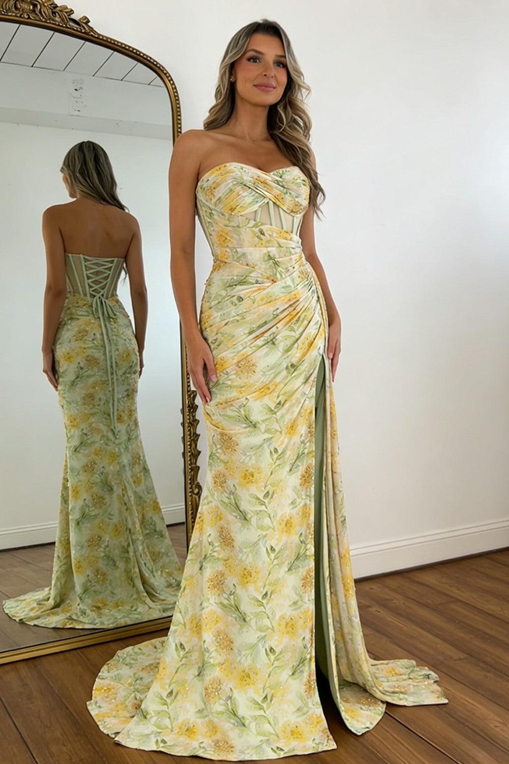 Suzhoufashion Floral Print Glitter Sweetheart Lace Up Prom Dress With Corset Bodice And High Slit Formal Evening Gown