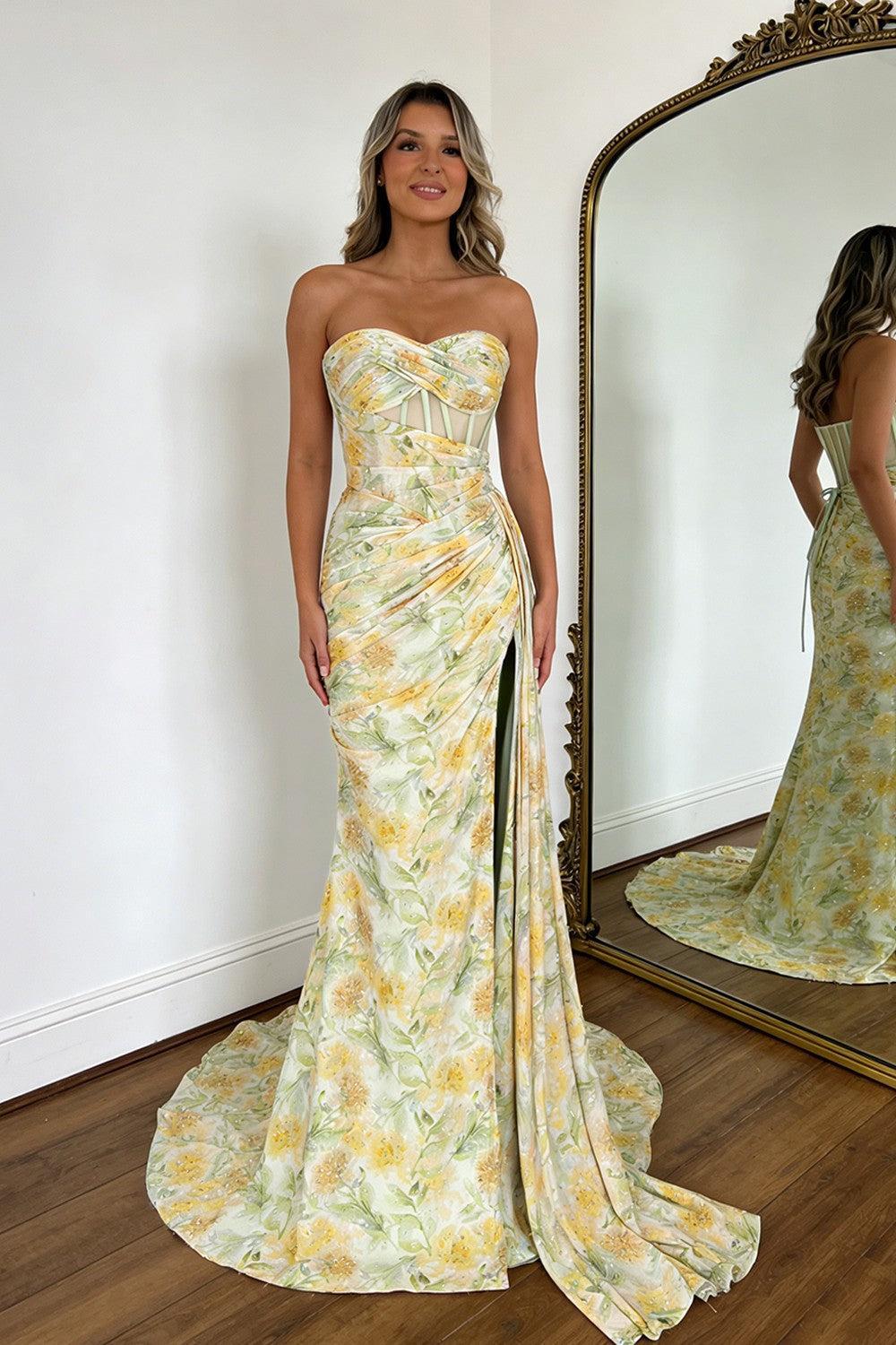 Suzhoufashion Floral Print Glitter Sweetheart Lace Up Prom Dress With Corset Bodice And High Slit Formal Evening Gown