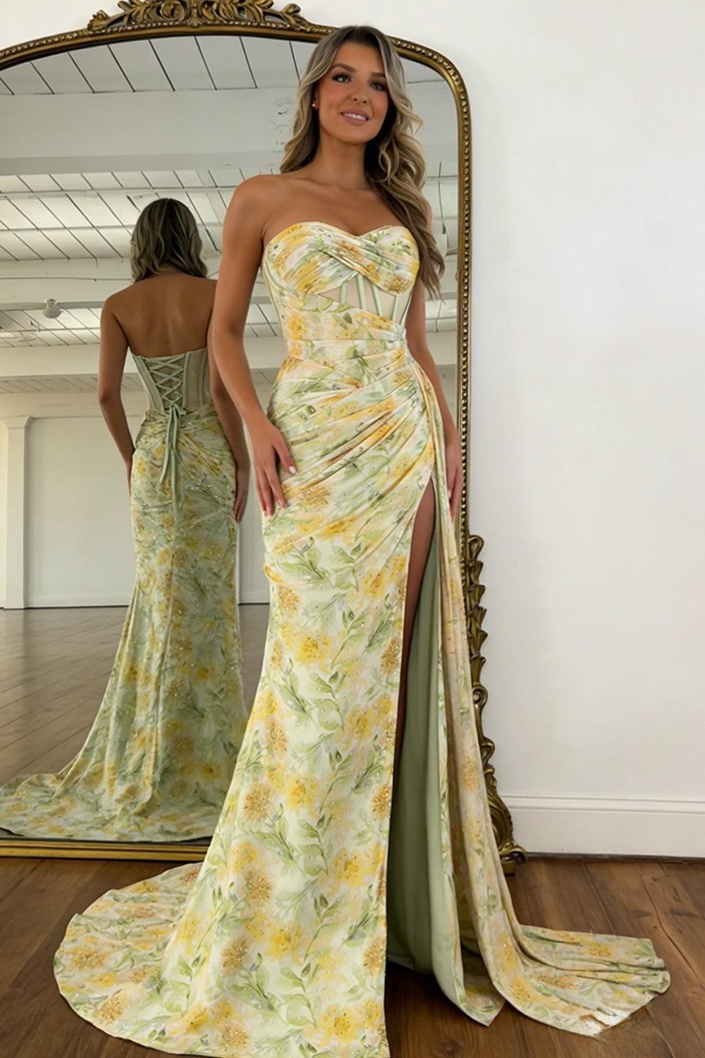 Suzhoufashion Floral Print Glitter Sweetheart Lace Up Prom Dress With Corset Bodice And High Slit Formal Evening Gown