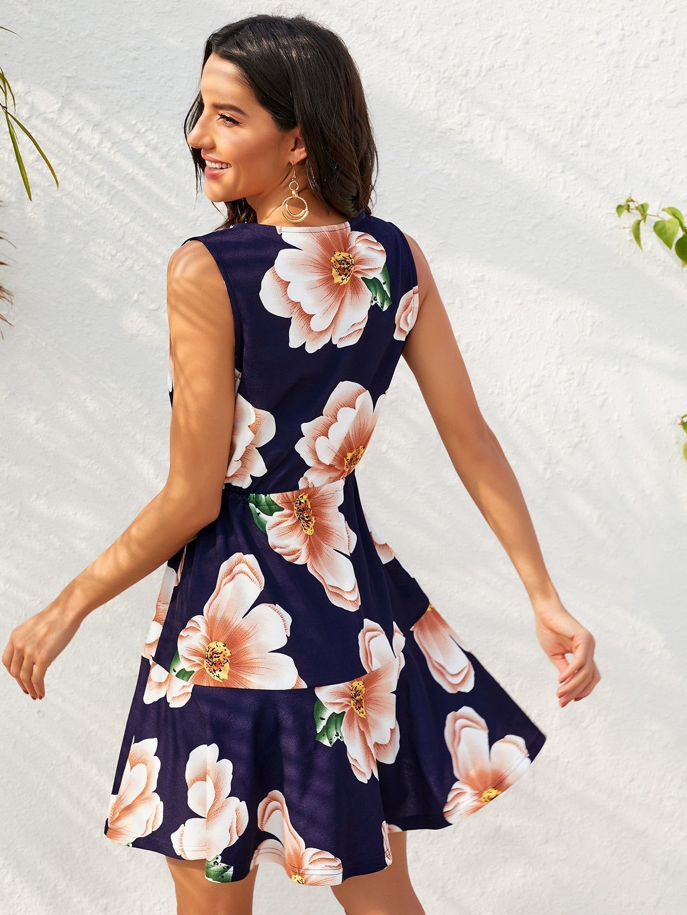 Floral Print Surplice Neck Drawstring Waist A Line Mini Dress