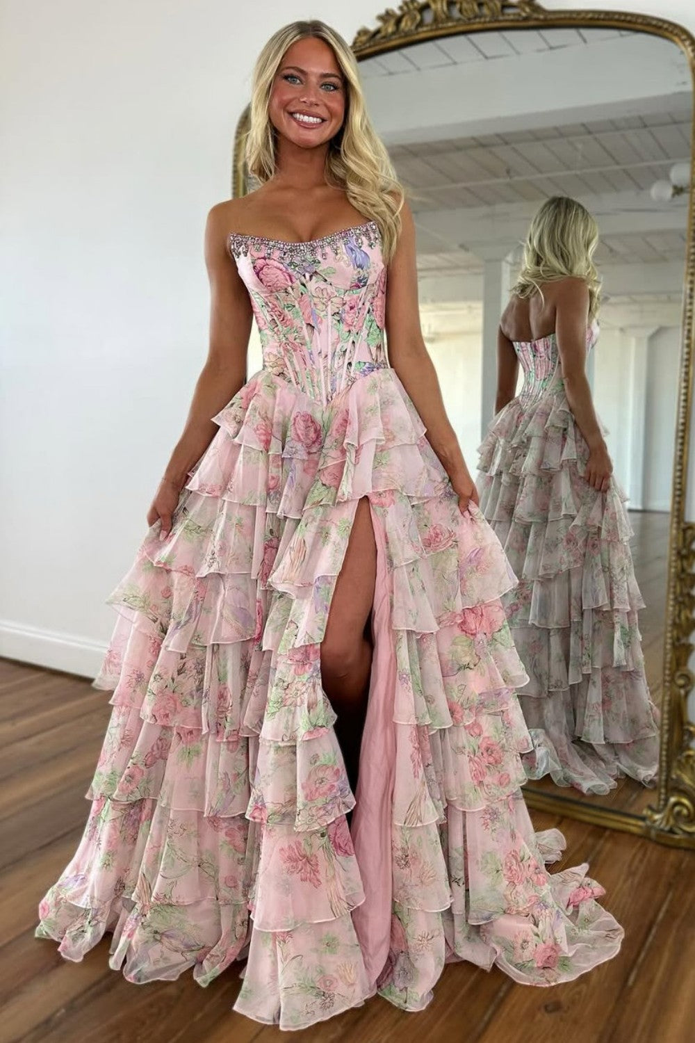 Glamorous A Line Floral Print Strapless Tiered Prom Dress with Fitted Corset