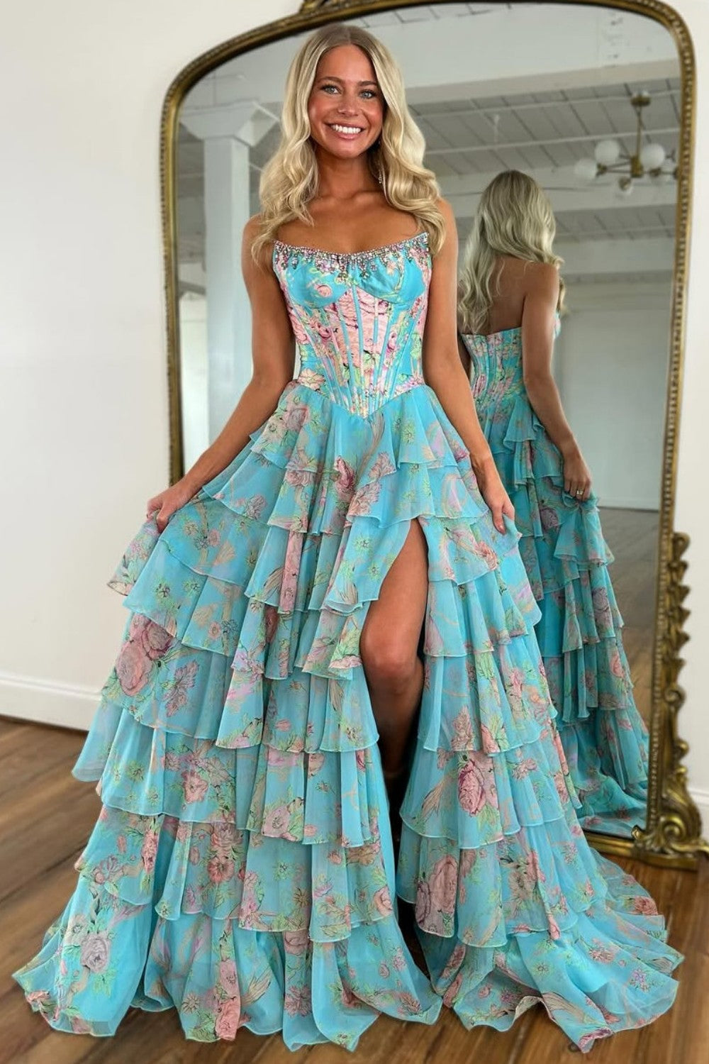 Glamorous A Line Floral Print Strapless Tiered Prom Dress with Fitted Corset
