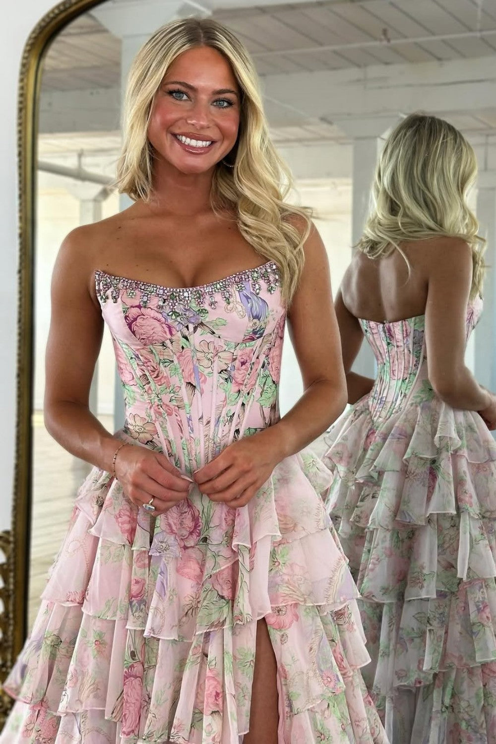 Glamorous A Line Floral Print Strapless Tiered Prom Dress with Fitted Corset