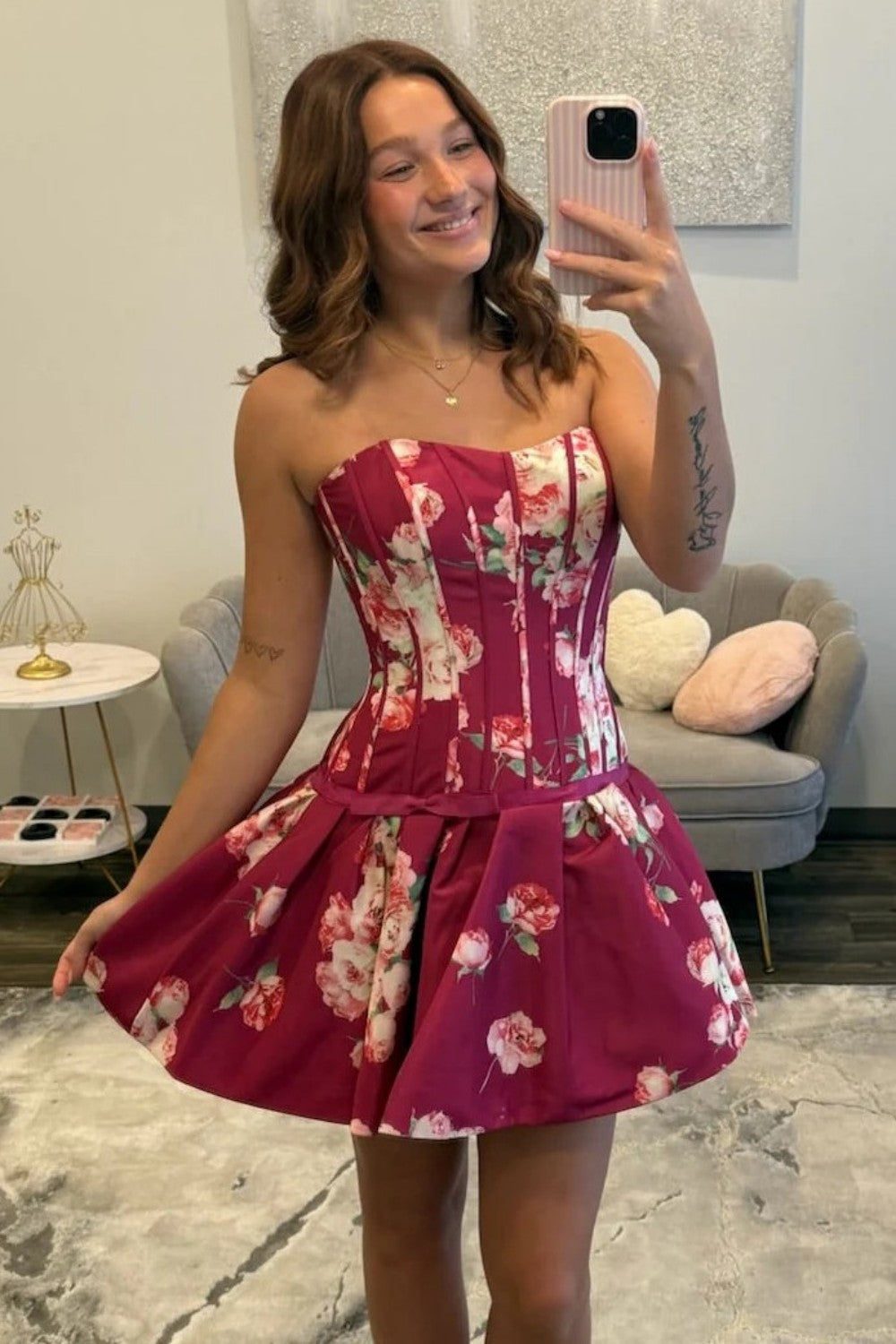 Cute A Line Sweetheart Yellow Corset Homecoming Dress with Printed Flower Bowknot