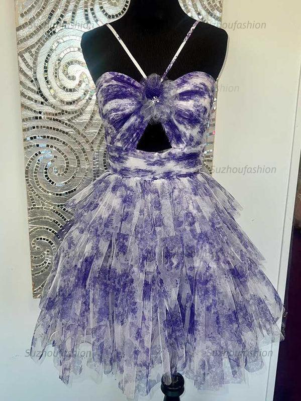 Suzhoufashion Flower A-Line Tiered Tulle Spaghetti Straps Homecoming Dress