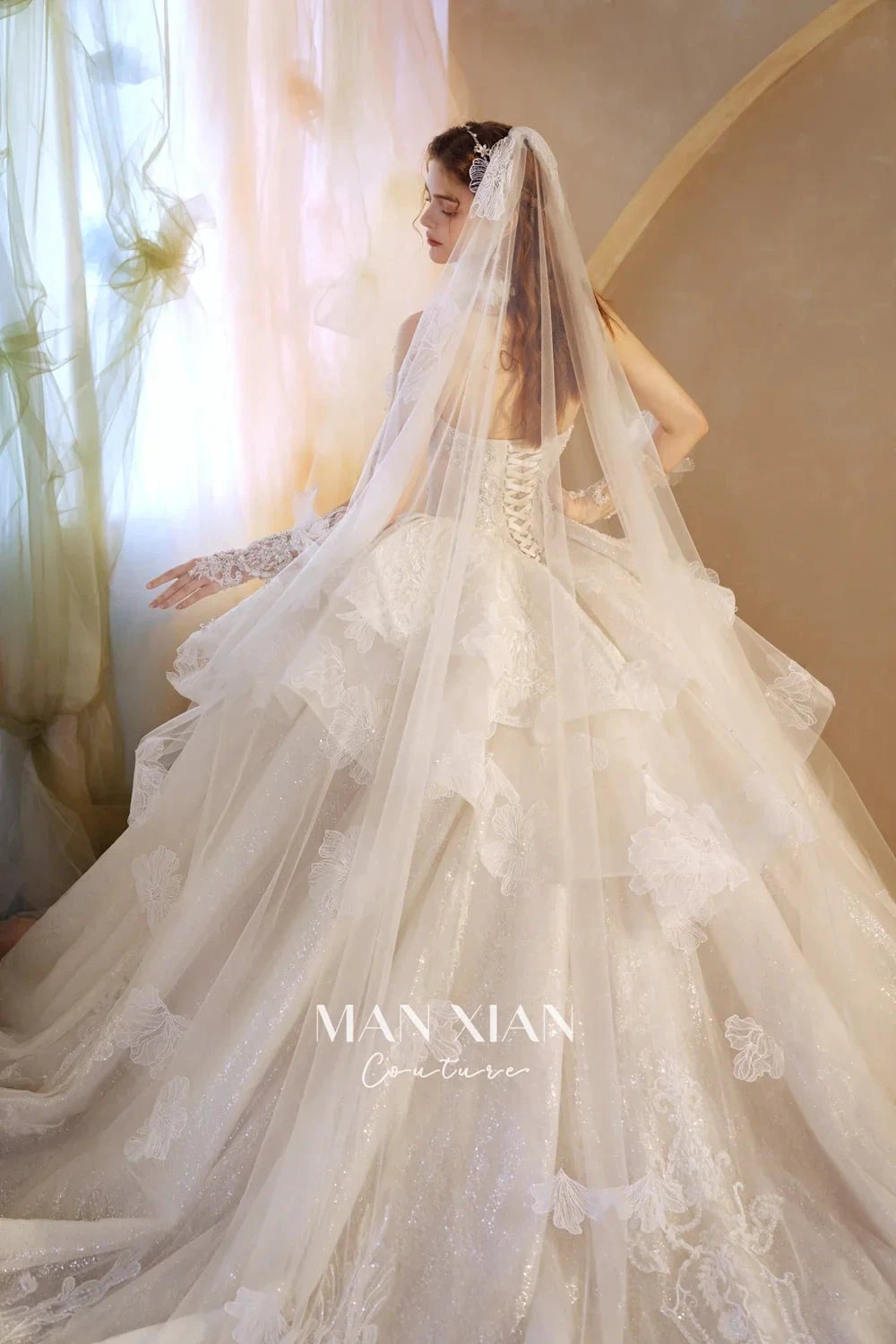 Luminous Ivory Off-Shoulder Glitter Tulle Ball Gown with 3D Floral Lace & Train (ZD16936)