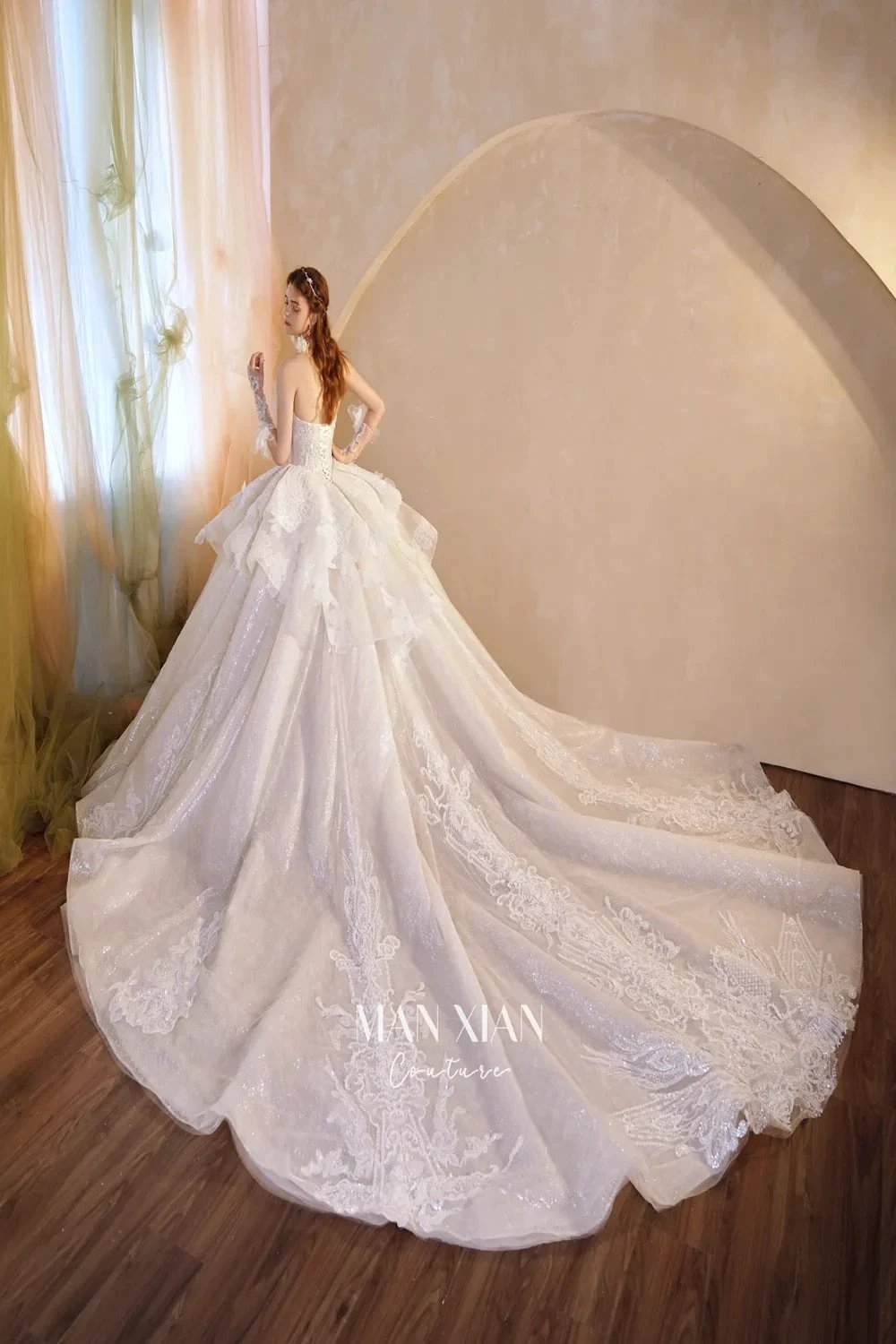 Luminous Ivory Off-Shoulder Glitter Tulle Ball Gown with 3D Floral Lace & Train (ZD16936)