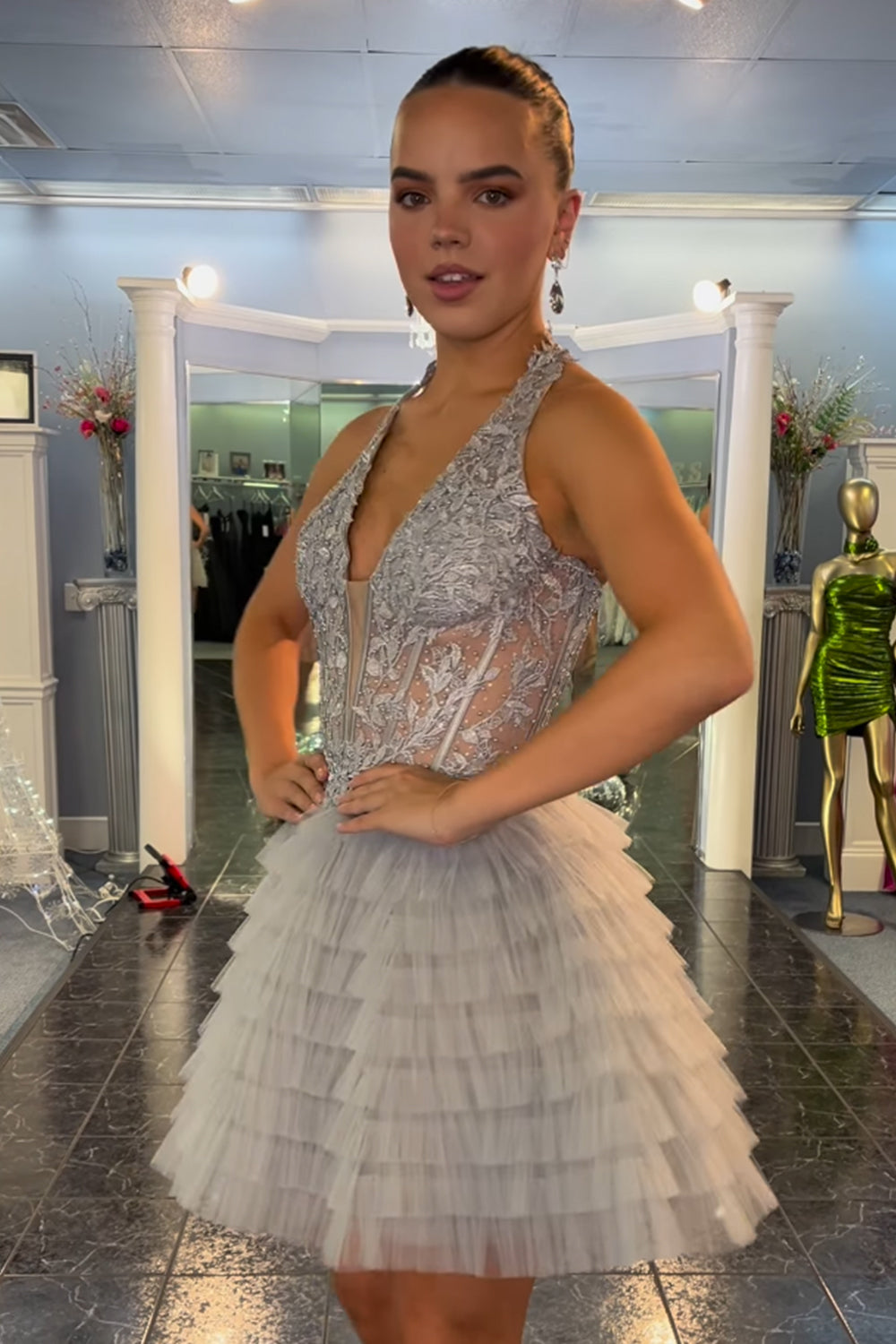 Fluffy Light Blue Homecoming Dresses A Line Halter Tiered Short Corset Prom Dress