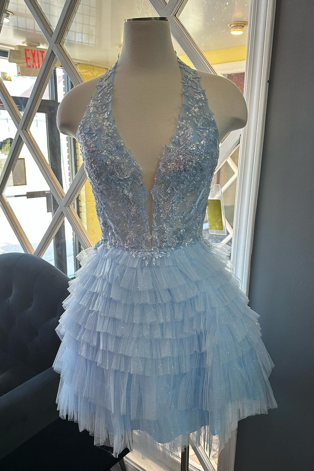 Fluffy Light Blue Homecoming Dresses A Line Halter Tiered Short Corset Prom Dress
