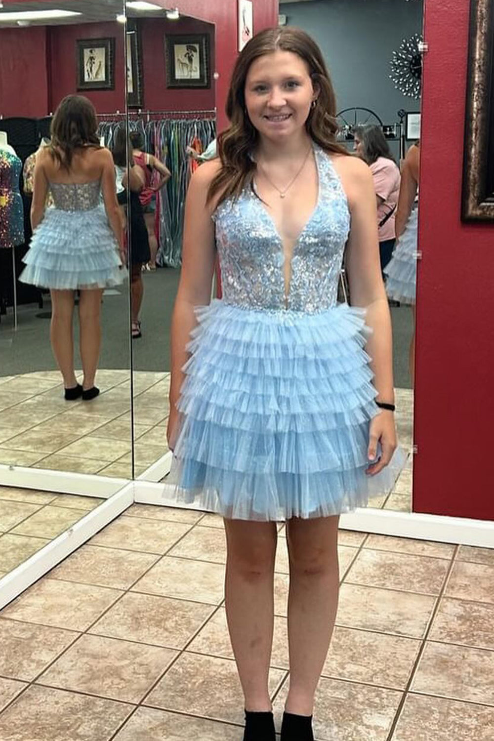 Fluffy Royal Blue Homecoming Dresses A Line Halter Tiered Short Corset Prom Dress