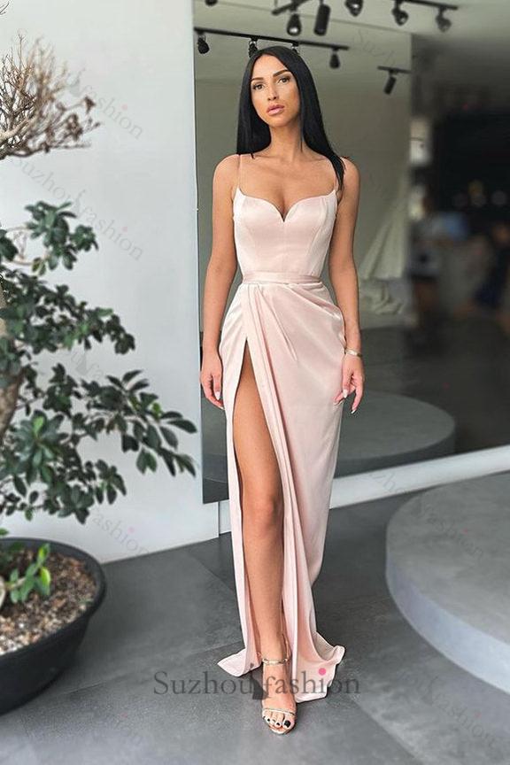 Forest green Spaghetti-Straps High-split Long Evening Prom Dresses