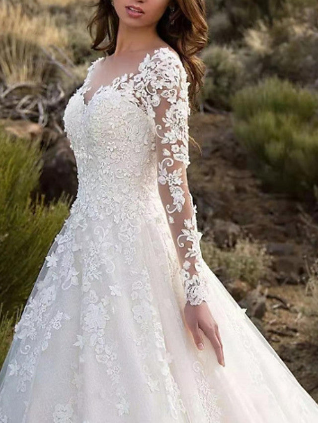 Formal A-Line Wedding Dress V-neck Lace Long Sleeves Sparkle & Shine Bridal Gowns with Sweep Train
