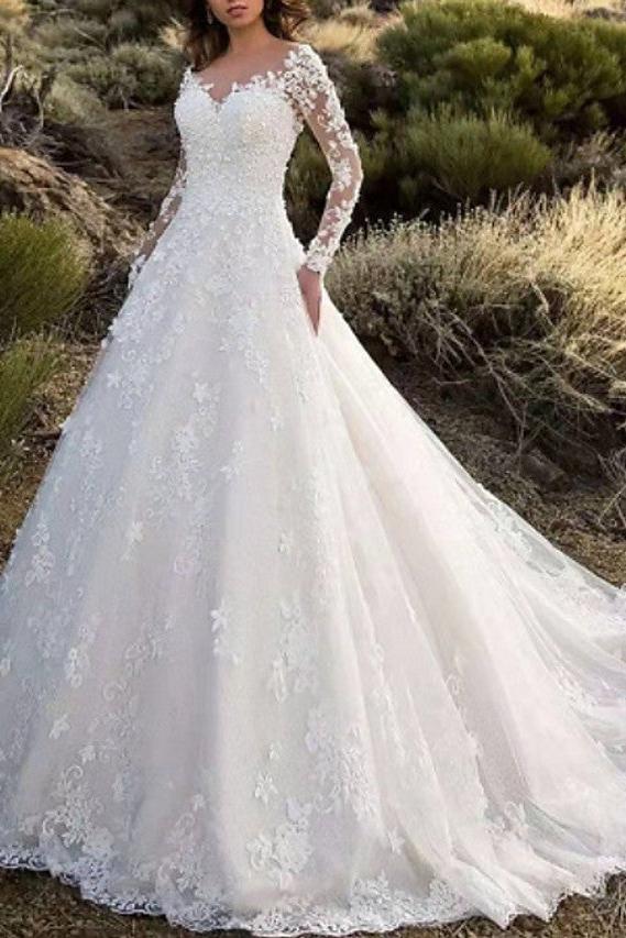 Formal A-Line Wedding Dress V-neck Lace Long Sleeves Sparkle & Shine Bridal Gowns with Sweep Train