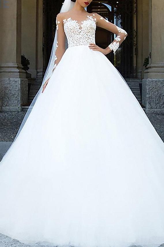 Formal Ball Gown A-Line Wedding Dress Jewel Lace Tulle Long Sleeve Sexy See-Through Backless Bridal Gowns with Sweep Train