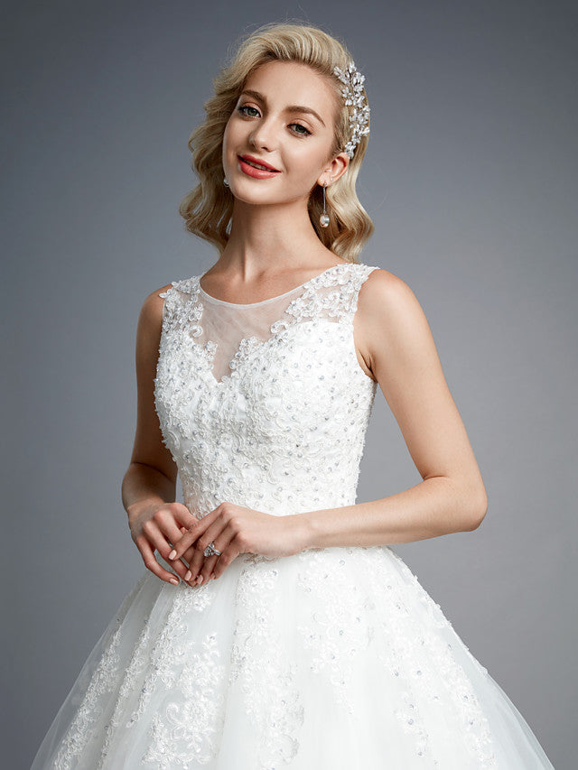 Formal Ball Gown Wedding Dresses Jewel Lace Tulle Straps Casual Backless Bridal Gowns Online