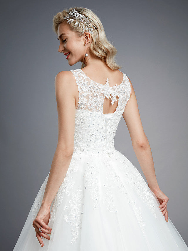 Formal Ball Gown Wedding Dresses Jewel Lace Tulle Straps Casual Backless Bridal Gowns Online
