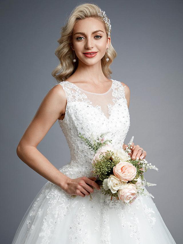 Formal Ball Gown Wedding Dresses Jewel Lace Tulle Straps Casual Backless Bridal Gowns Online