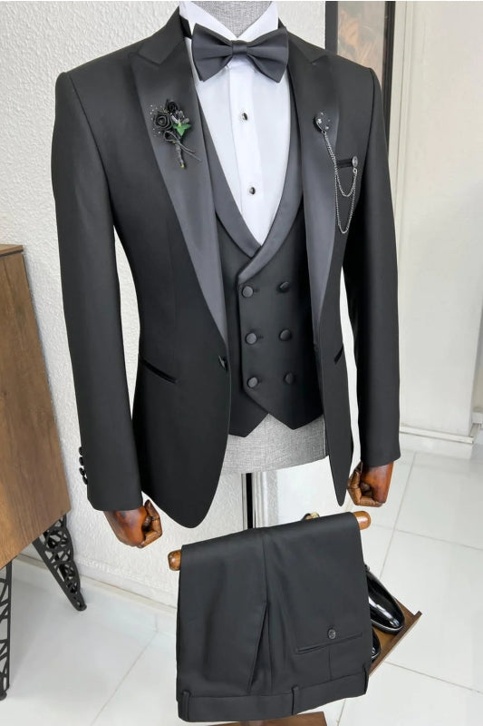 Formal Black Peaked Lapel 3 Piece Business Suit for Men