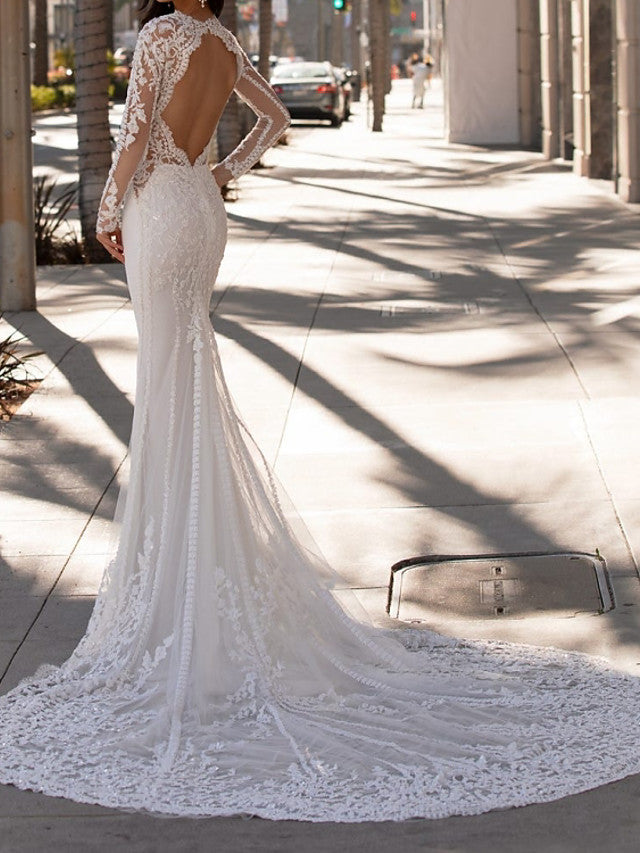 Formal Mermaid Jewel Wedding Dress Lace Satin Sleeveless Bridal Gowns  with Court Train