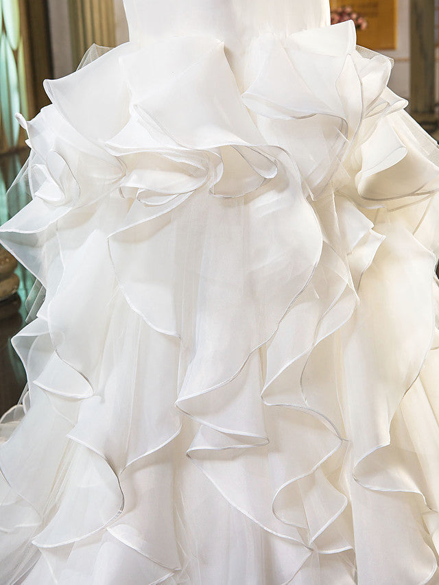 Formal Mermaid Wedding Dress Sweetheart Organza Tulle Cap Sleeve Bridal Gowns with Sweep Train