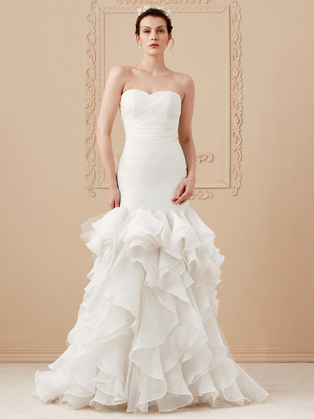 Formal Mermaid Wedding Dress Sweetheart Organza Tulle Cap Sleeve Bridal Gowns with Sweep Train