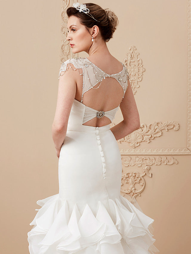 Formal Mermaid Wedding Dress Sweetheart Organza Tulle Cap Sleeve Bridal Gowns with Sweep Train