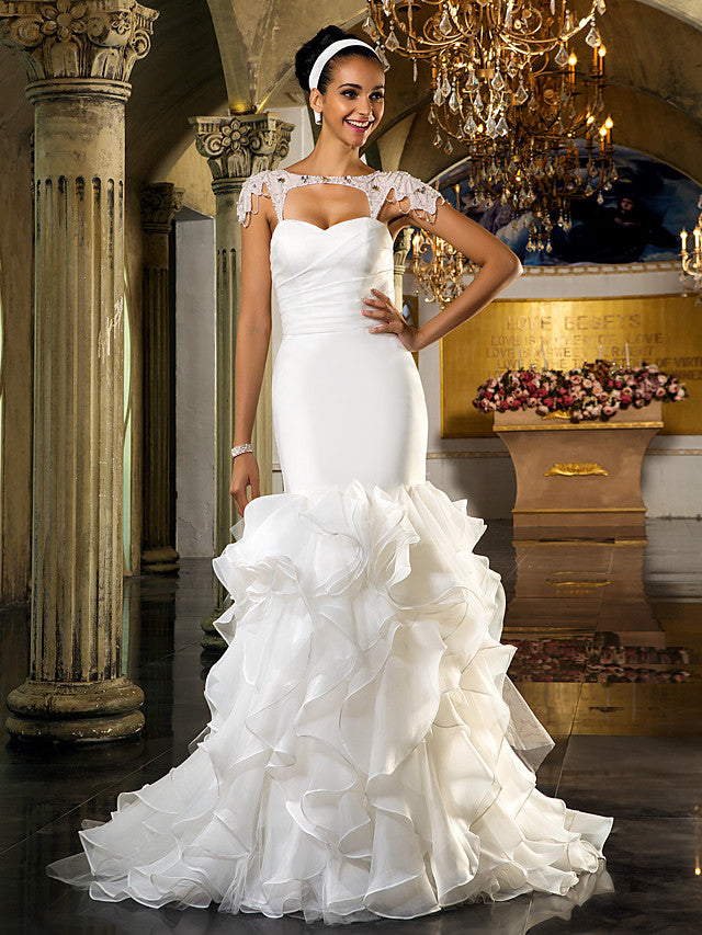 Formal Mermaid Wedding Dress Sweetheart Organza Tulle Cap Sleeve Bridal Gowns with Sweep Train