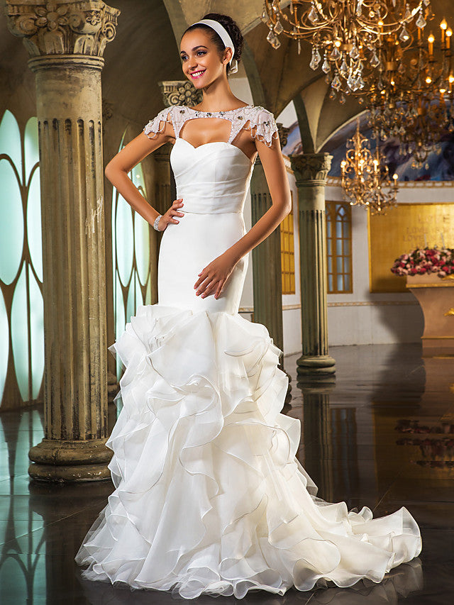 Formal Mermaid Wedding Dress Sweetheart Organza Tulle Cap Sleeve Bridal Gowns with Sweep Train