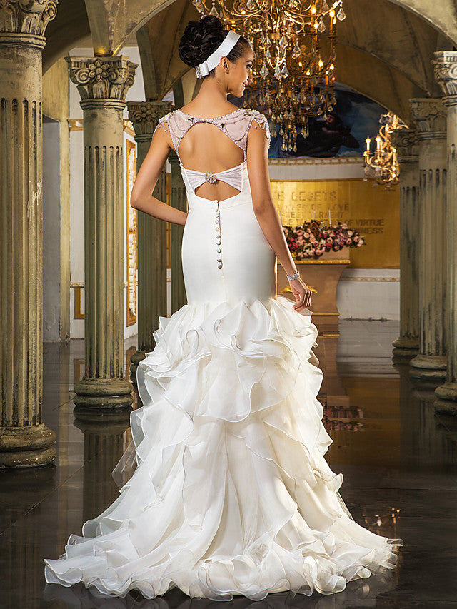 Formal Mermaid Wedding Dress Sweetheart Organza Tulle Cap Sleeve Bridal Gowns with Sweep Train