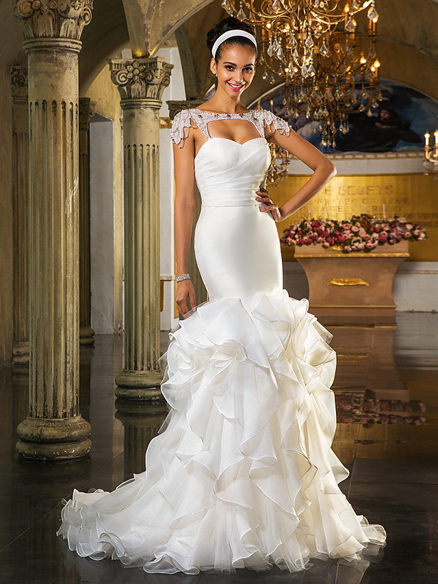Formal Mermaid Wedding Dress Sweetheart Organza Tulle Cap Sleeve Bridal Gowns with Sweep Train