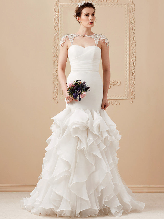Formal Mermaid Wedding Dress Sweetheart Organza Tulle Cap Sleeve Bridal Gowns with Sweep Train