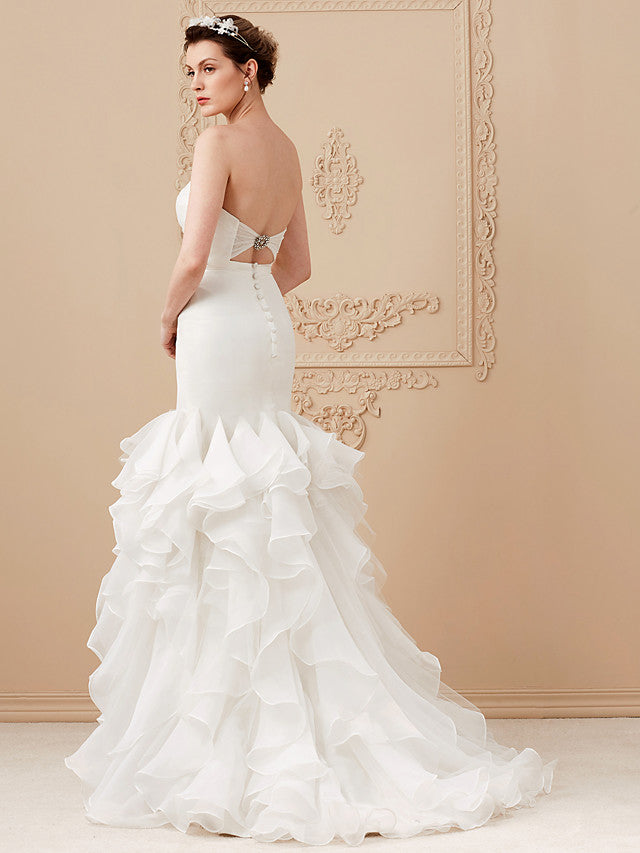 Formal Mermaid Wedding Dress Sweetheart Organza Tulle Cap Sleeve Bridal Gowns with Sweep Train
