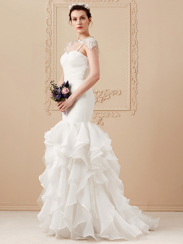 Formal Mermaid Wedding Dress Sweetheart Organza Tulle Cap Sleeve Bridal Gowns with Sweep Train