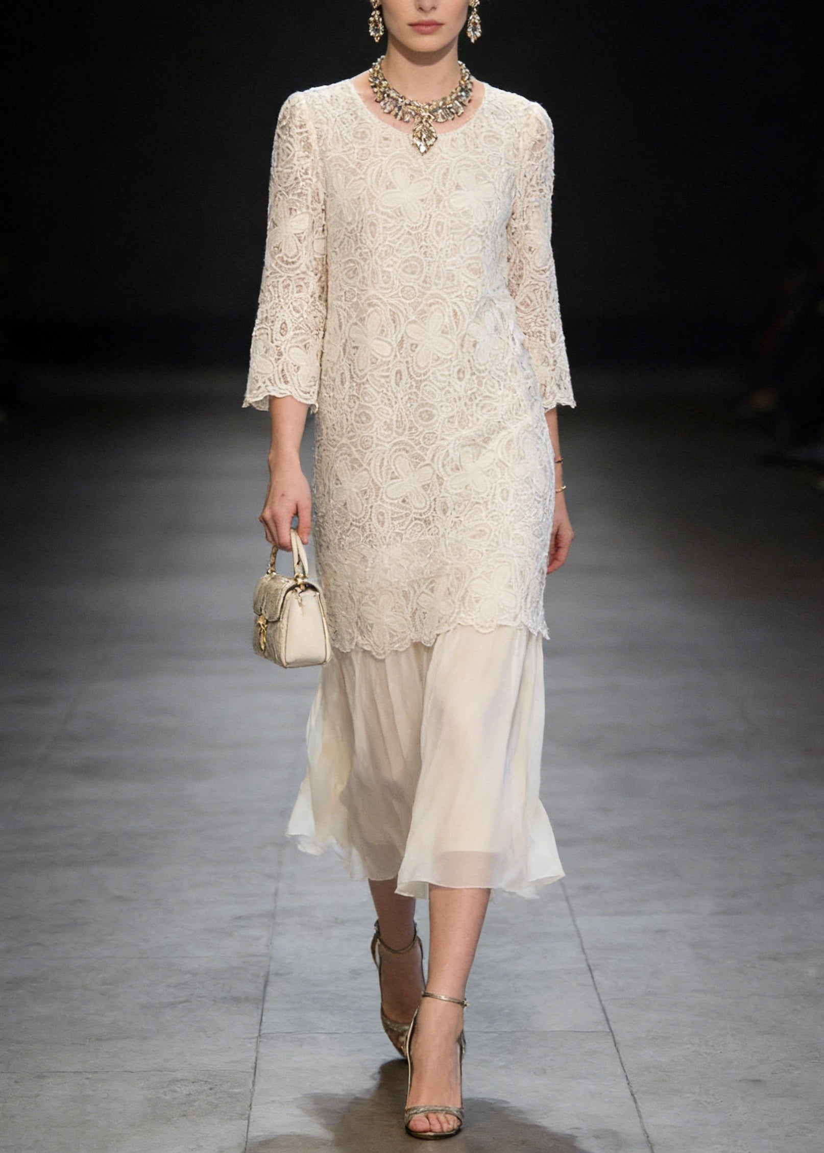 French Beige O Neck Patchwork Lace Dresses Summer