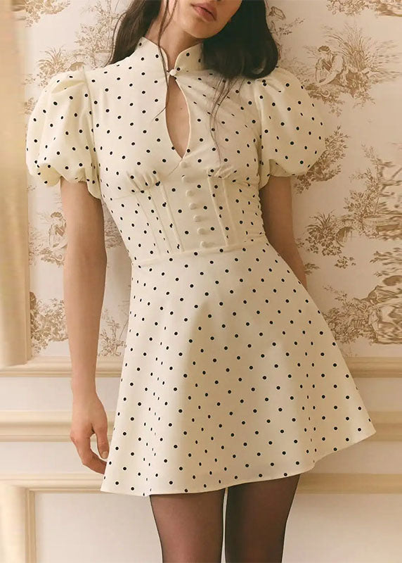 French Beige Stand Collar Puff Sleeve Print Cotton Mini Dresses