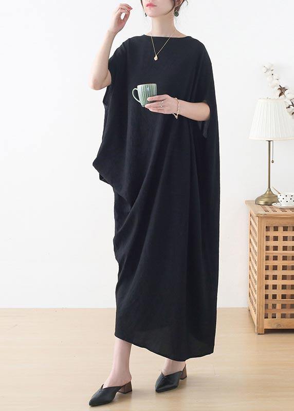 French Black Batwing Sleeve Summer Linen Dress