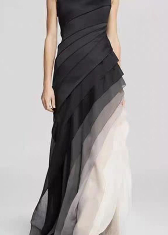 French Black High Waist Patchwork Tulle Maxi Dresses Summer
