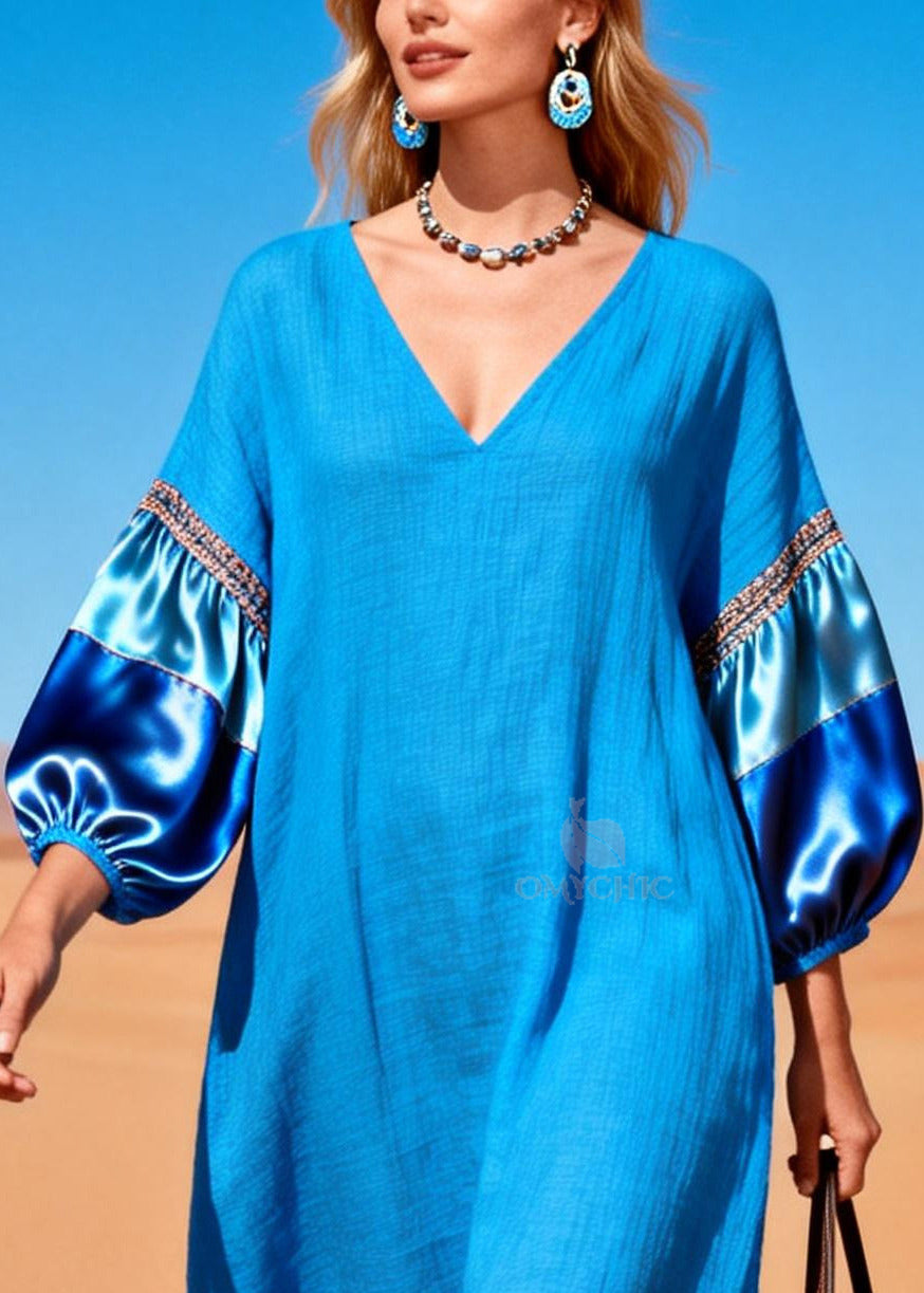French Blue Oversized Patchwork Cotton Dresses Lantern Sleeve
