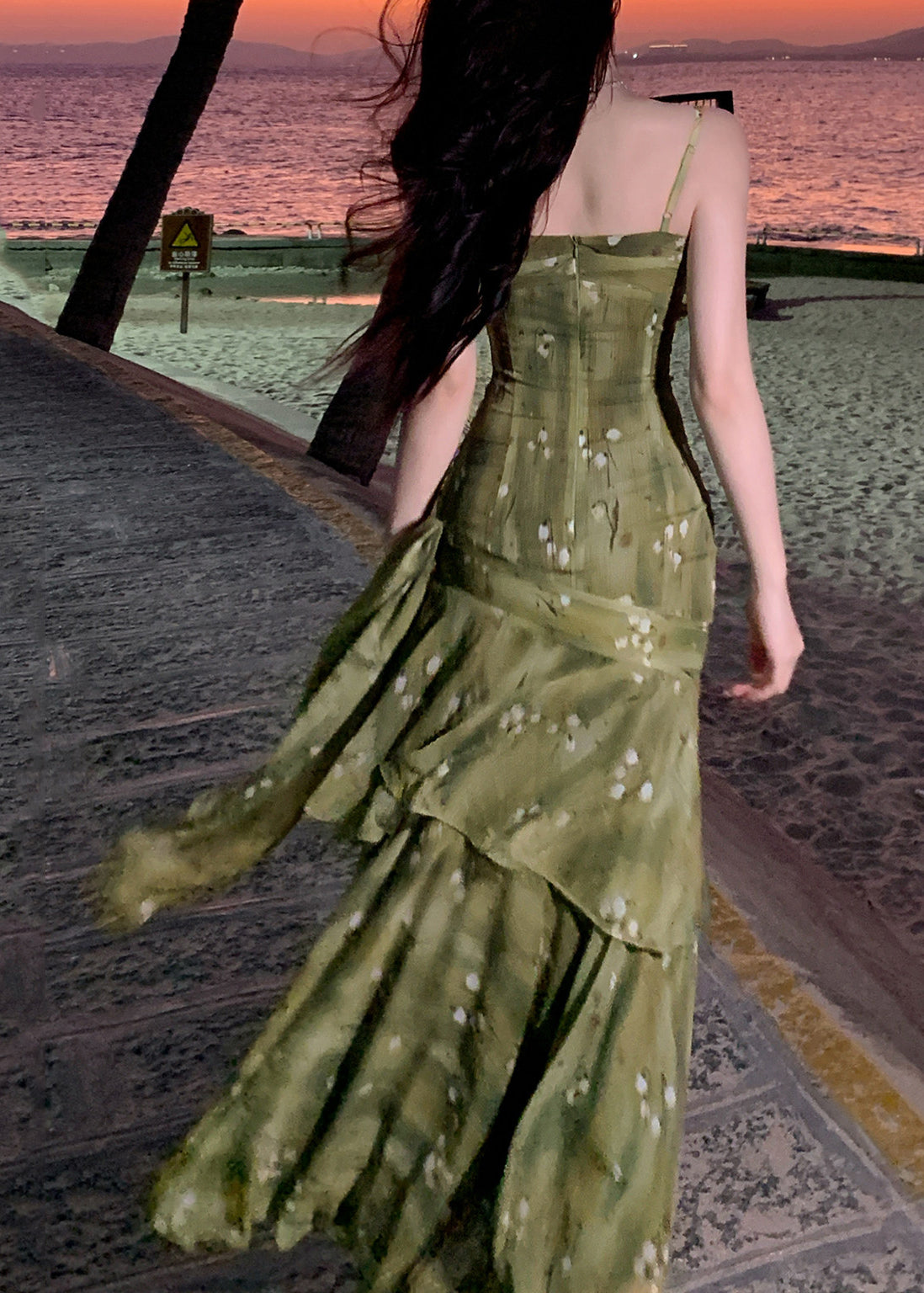French Green Print Wrinkled Maxi Spaghetti Strap Dress Summer