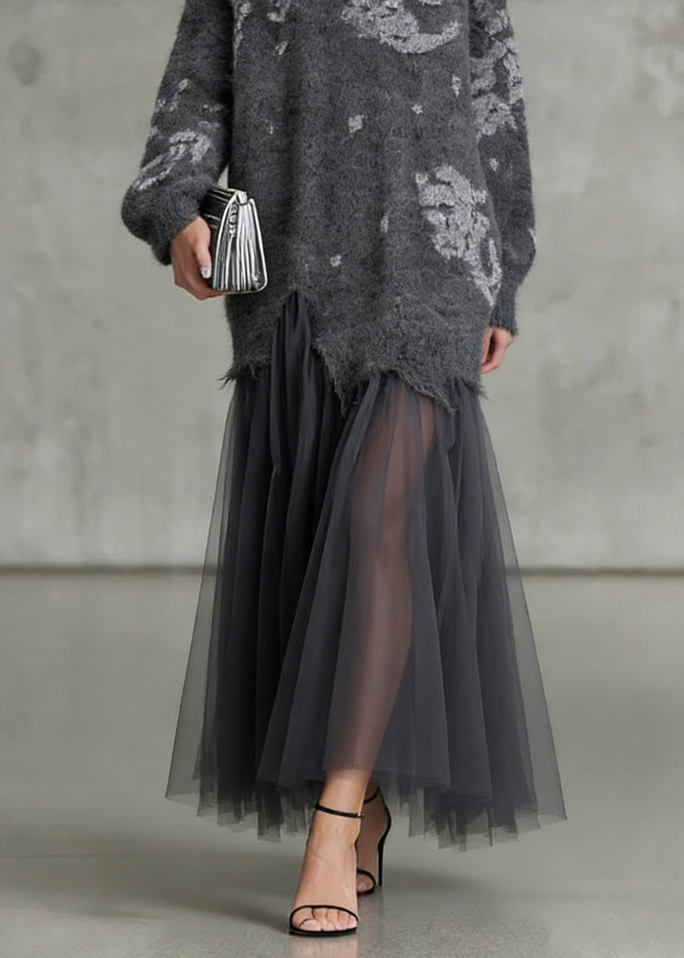 French Grey O Neck Tulle Patchwork Knit Dress Spring