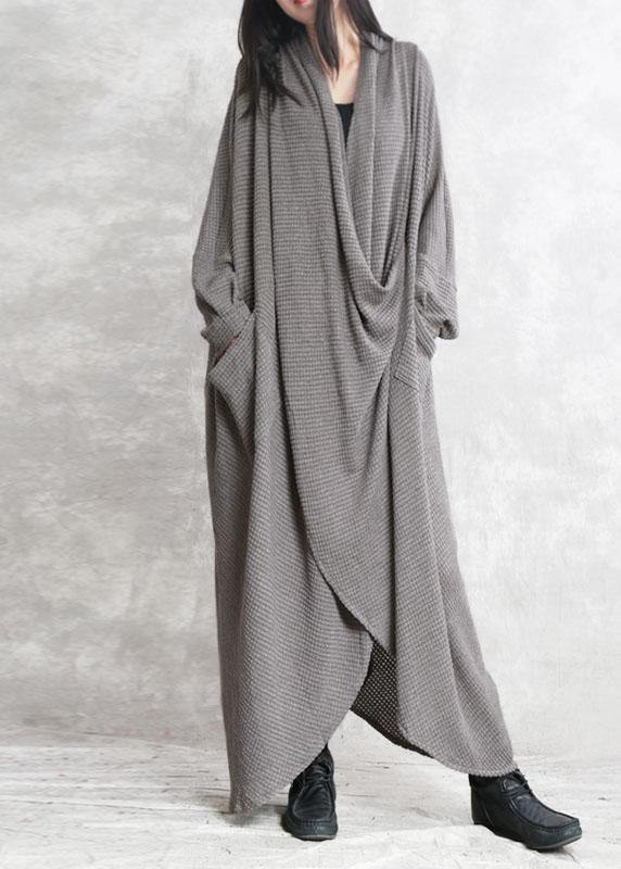 French Grey Pockets Asymmetrical Design Fall Long Sleeve Dress